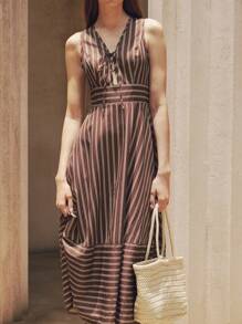 SHEIN ChicEase Green Women's Tie Waist Deep V-Neck Striped Print French Style Long Dress - Coffee Brown - View 6