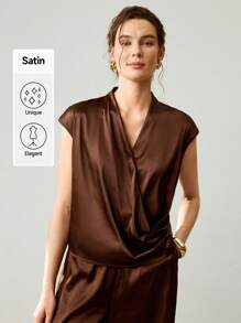 Uhlyne Bộ đồ 2 món cho nữ, gồm áo crop top dệt xếp ly cổ chữ V và tay lửng, quần ống đứng trơn, thanh lịch khi đi làm, mùa hè - màu nâu - Xem 4