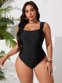 Swim Basics Traje de baño de una pieza con tirantes de unicolor para mujer de talla grande - Negro - Ver 3