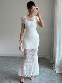 Elenzga Women's Summer Round Neck Short Sleeve Bodycon Maxi Dress Set, Mesh White Lace Maxi Dress & Camisole Mini Dress, Elegant For Dating, Party, Beach Vacation