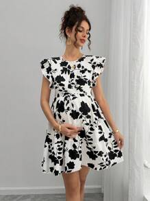 Momance Vestido de maternidad con cuello redondo, mangas con volantes, multicapa y parche floral de estilo ditsy - Blanco y Negro - Ver 3