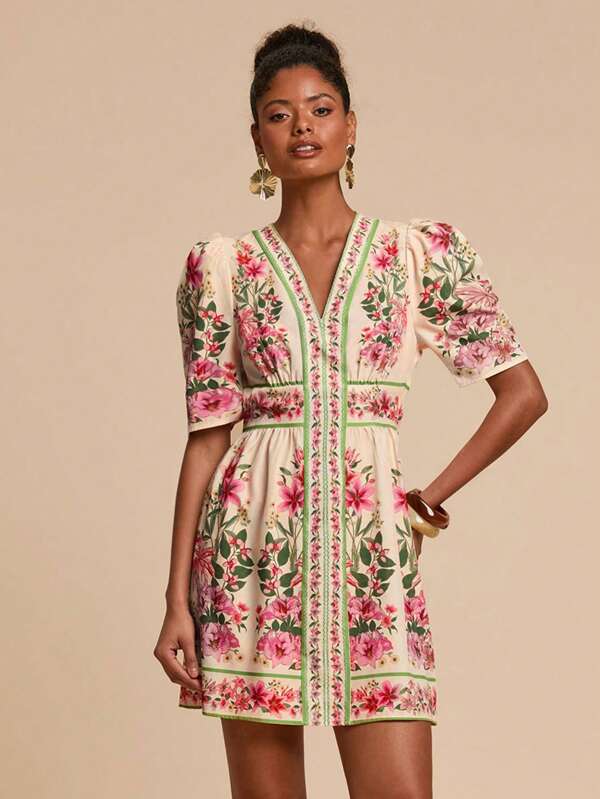 Travachic Geweven grafische print mini-jurk met korte mouwen voor dames