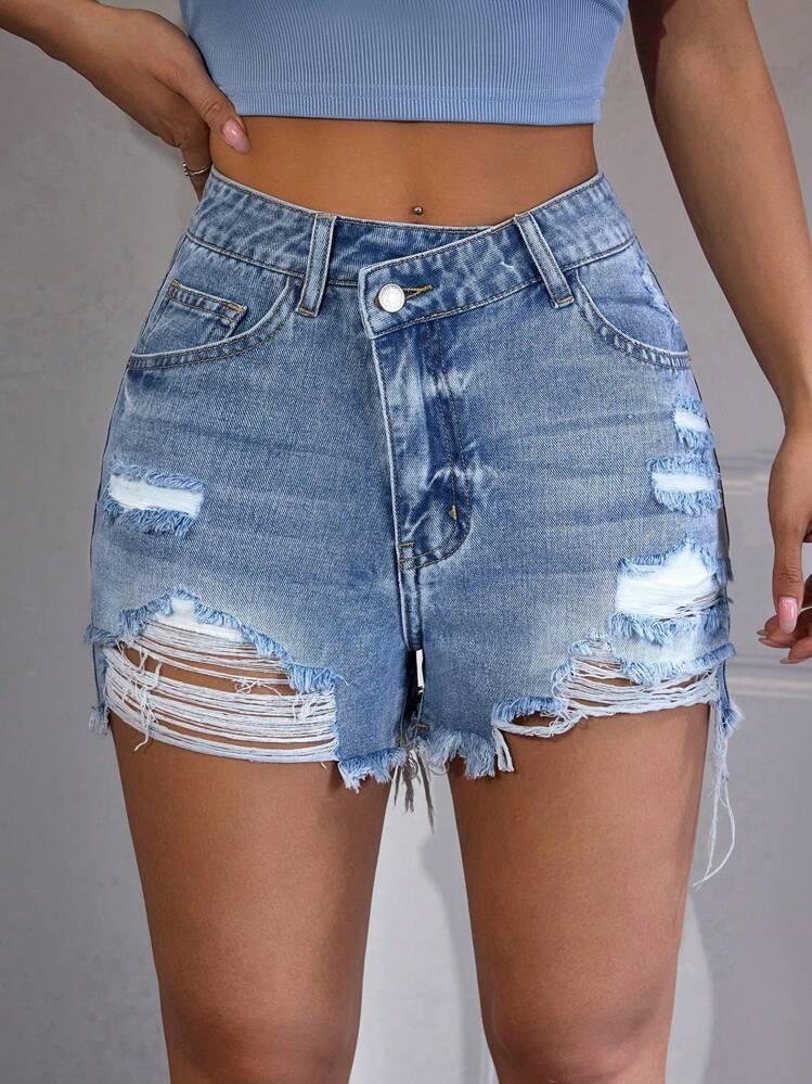 SHEIN Tall ファッショナブルな加工デニムショーツ、夏に最適 - ミディアムウォッシュ - 見る 3