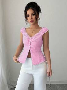 Elenzga 波西米亚风甜心领弹性腰部褶饰纽扣修身条纹女衬衫，春夏