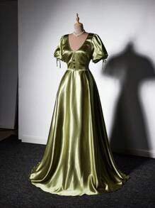 SHEIN Unity 大码女式 V 领泡泡袖腰部纽扣装饰摇摆缎面长裙，适合鸡尾酒会 - 綠色 - 查看 2