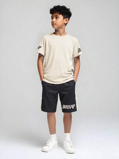 SHEIN 2pcs Tween Boy Sports Striped Pattern Moisture Wicking Fabric T-Shirt And Shorts Set Boys Summer Active Clothes Boys Sportswear Boys Short Sets Teen Boys Short Sets 4 Pcs Boys Summer New Quick Dry Breathable Sports Baseball Style Shorts Set