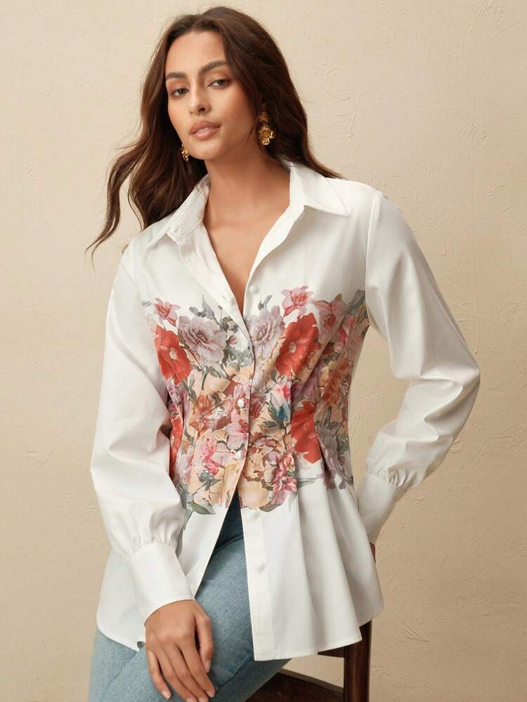 Chemisier plissé élégant à manches longues et imprimé blanc pour femmes, chemise d'automne