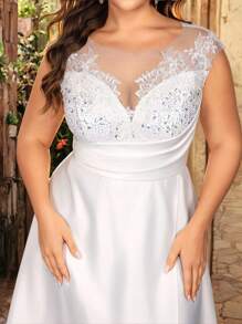 Glamrae Abito da sposa elegante e lussuoso con scollo a cuore, spalle aperte, arricciature, jacquard in raso, vita alta, taglio a trapezio e strascico, taglia grande