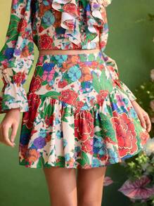 Frida Kahlo X SHEIN X Designer Redefinition 花卉印花高腰荷叶边迷你裙，适合夏季度假海滩度假的女性