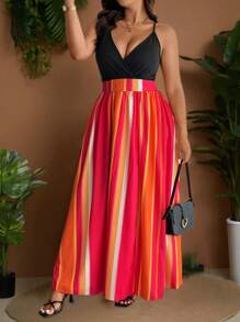 Sunserae Plus Size Women V-Neck Sling Striped Print Split Hem Dress Tropical Colorblock Floral Print Boho Vacation Fashionable Style For Summer - Hot Pink - View 4