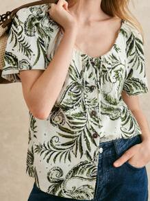 Écloséra Áo cánh trắng thêu hoa rỗng cổ tròn phong cách Pháp cổ điển, thắt dây rút, tay áo raglan, hàng khuy đơn cho nữ - Nhiều màu - Xem 6