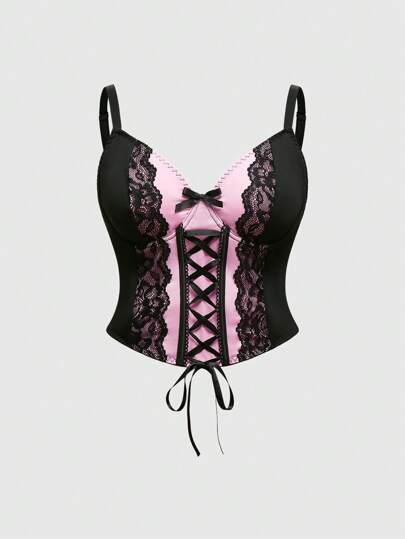 Kawaii Camiseta de tirantes con bloques de color y ribete de encaje para tallas grandes de verano