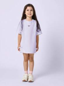 SUMWON Girls Casual T-Shirt Dress Bow Detail Summer Spring Oversized Comfort Fit Athletic Kids Mini Dress Weekend Sports Leisure Wear - Lilac Purple - View 1