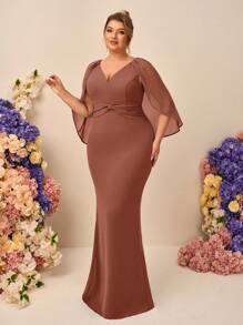 SHEIN Belle Vestido largo de dama de honor de tela de gasa con volantes, cuello en V y borde de cola de sirena, elegante y romántico, talla grande