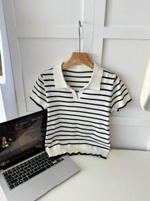 DAZY Women Collared Striped Pullover Short Sleeve Sweater - White - View 3