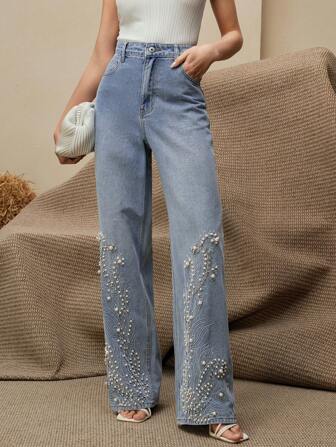 Anewsta Blugi drepți cu talie înaltă pentru femei, la modă, cu strasuri și perle decorative, croială largă, cu picior larg
