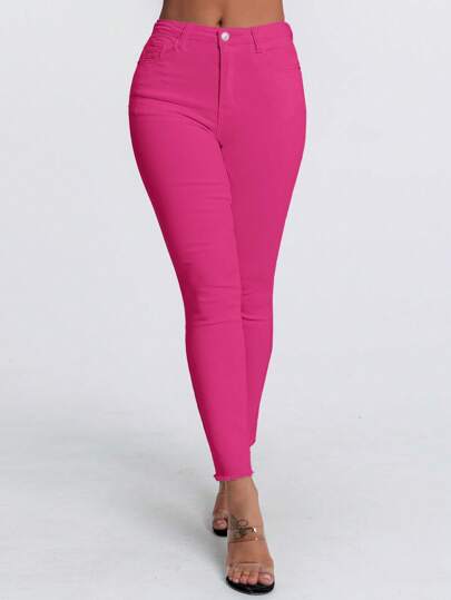 SHEIN SXY Enfärgade skinny jeans med fickor, mångsidig passform för sommaren, rosa jeans, rosa jeans för kvinnor, skinny jeans för kvinnor, rosa jeans, rosa jeggings