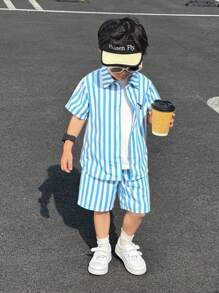 Set 3 piese cămașă cu mânecă scurtă, maiou și pantaloni scurți, casual, pentru băieți, de zi cu zi, pentru vacanță - Albastru - Vizualizare 11