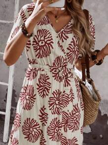 EMERY ROSE Women's Allover Print Vacation Casual Dress - Red - View 9