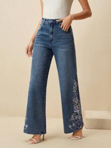 Anewsta Women's New Fashionable Elegant Embroidered Blue Straight-Leg Jeans, Suitable For Valentine's Day And Mother's Day - Blue - View 2