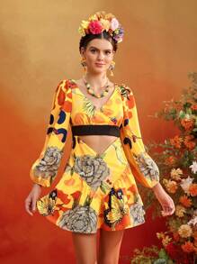 ISELACOS Frida Kahlo X SHEIN X Designer 全身印花灯笼袖镂空迷你连衣裙女士夏季连衣裙度假装 - 黃色 - 查看 1