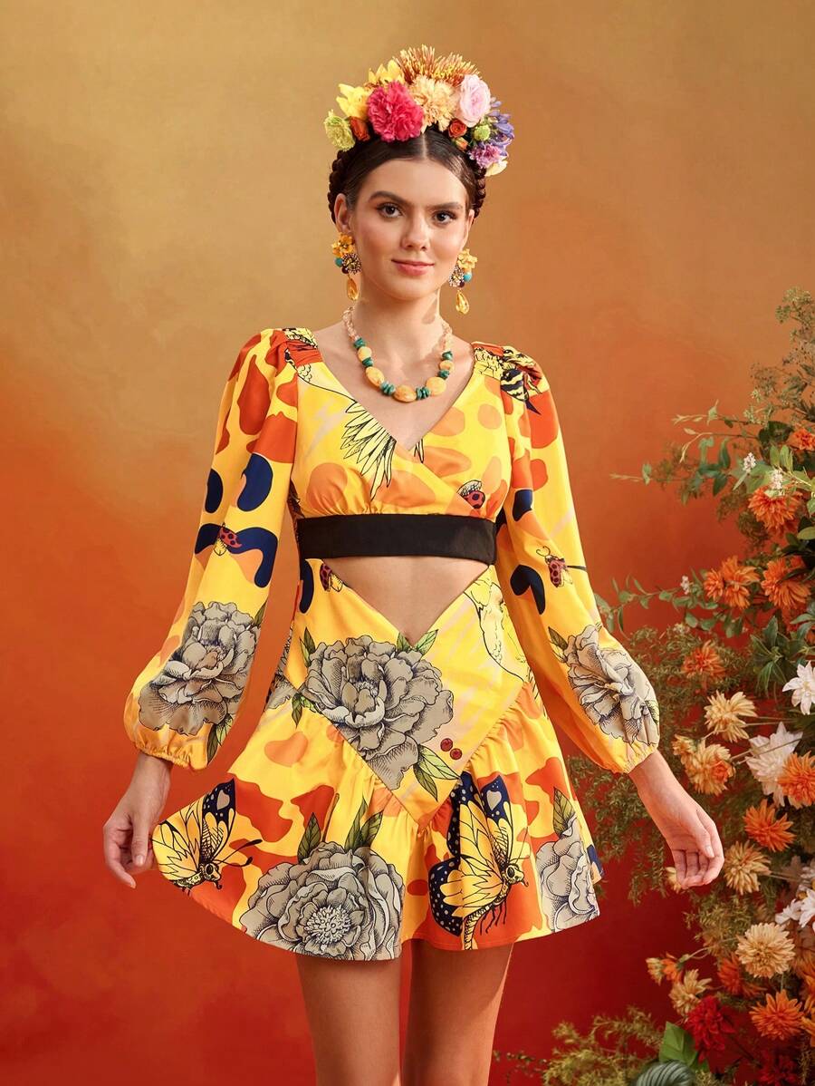 ISELACOS Frida Kahlo X SHEIN X Designer 全身印花灯笼袖镂空迷你连衣裙女士夏季连衣裙度假装 - 黃色 - 查看 1