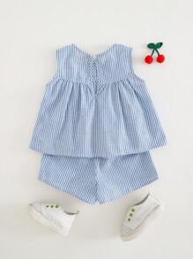 Cozy Pixies 2pcs Baby Girls Colorful Stripe Print Round Neck Sleeveless Top And Elastic Waist Shorts Set Cherry Baby Outfit Two Piece Baby Outfit Two Piece Set Baby Girl Striped Baby Outfit Fruit Outfits For Baby Girl