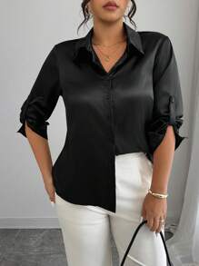 Elenzga Plus Size Women's Solid Color 3/4 Sleeve Elegant Satin Blouse Fall Cloth For Women