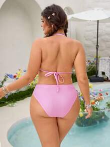 Swim Mod 2 bộ bikini đi biển màu trơn gợi cảm cỡ lớn cho nữ - Hồng - Xem 2