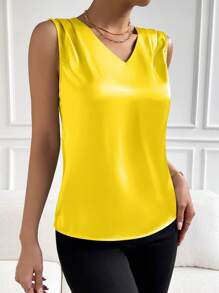 SHEIN Clasi Camisa sin mangas de unicolor minimalista para mujer, uso casual diario - Amarillo - Ver 6