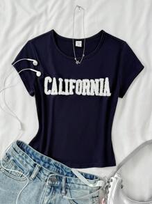 SHEIN 少女春夏圆领休闲运动针织字母刺绣文字修身短袖T恤街头时尚运动休闲出游休闲夏装 - 藏蓝色 - 查看 1