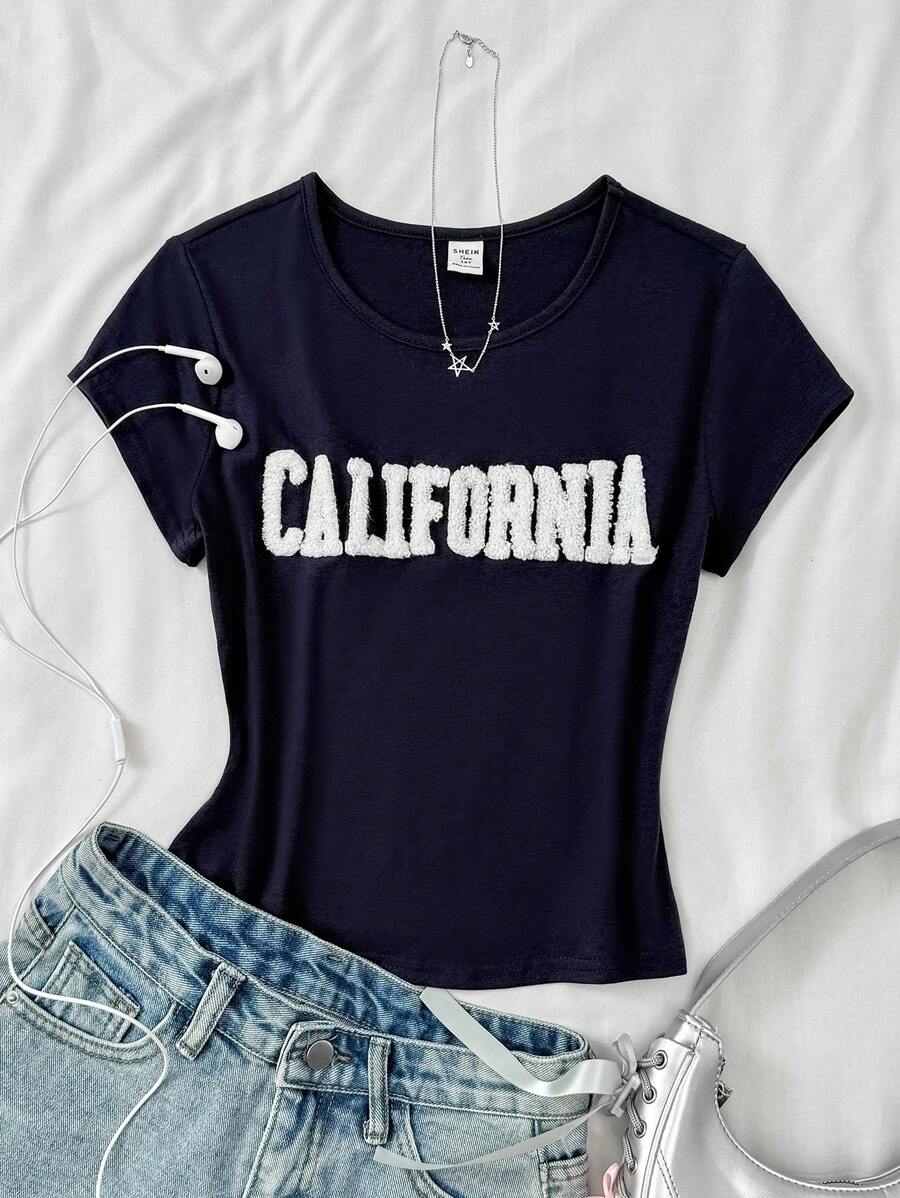 SHEIN 少女春夏圆领休闲运动针织字母刺绣文字修身短袖T恤街头时尚运动休闲出游休闲夏装 - 藏蓝色 - 查看 1