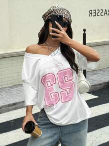StreetHx Camiseta de malla oversize con estampado numérico, estilo deportivo casual Y2K - Blanco - Ver 6