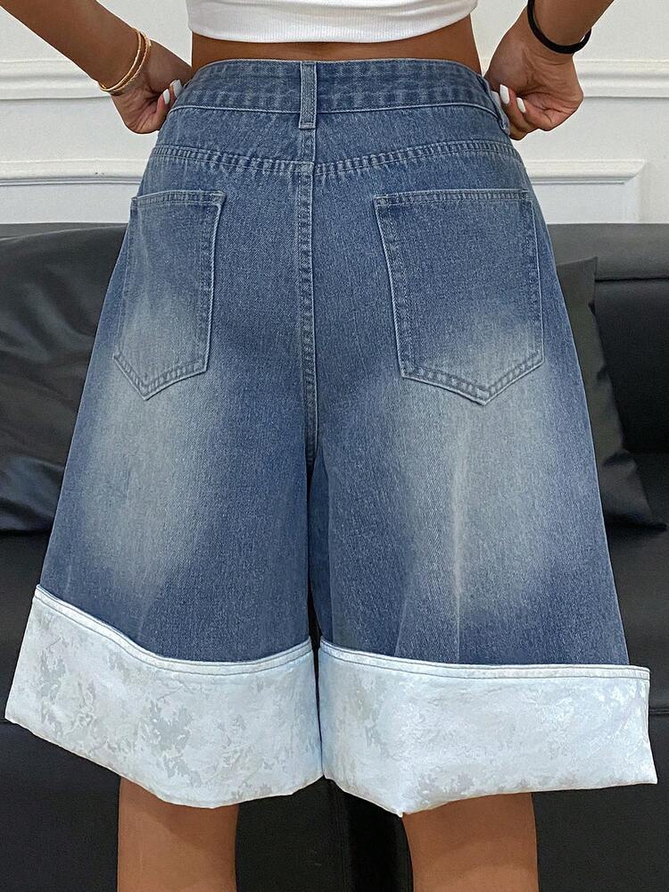 Women's Loose Straight Mid-Thigh Western Cowboy Print Patchwork Denim Shorts, Casual Summer Jorts