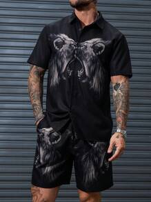Manfinity LEGND Conjunto de camisa de manga corta con estampado de león y shorts de verano para hombre
