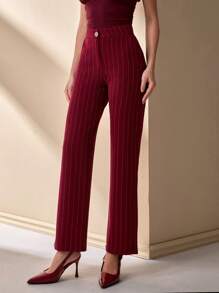 CLARA VERO Women Stripe Pattern High Waist Straight Pants - Burgundy - View 6