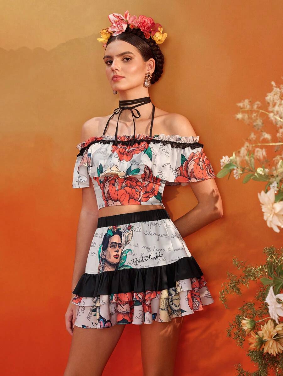 Frida Kahlo X SHEIN X Designer KATHARSIS 夏季花卉印花露肩荷叶边领口露背系带短款上衣，后背有褶饰