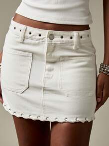 MISSGUIDED Denim Mini Skirt Eyelet Detail Festival Clothing Contemporary Fashion Grommets Detail Summer Party Beach Club Wear Statement Piece - White - View 1