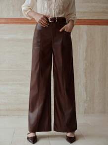 MOTF PREMIUM PU 皮革缝线前扣腰带阔腿裤