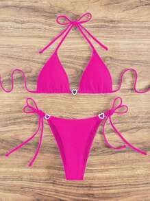 Swim Vcay Women's Solid Color Simple Daily Halter Neck Swimwear Set For Summer Beach Vacation - Hot Pink - View 3
