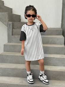年轻女孩针织可爱动物图案条纹宽松休闲连衣裙 - 黑色 - 查看 2