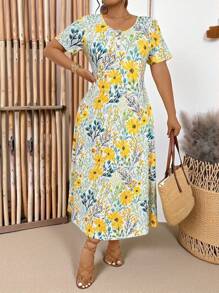 EMERY ROSE Vestido largo de cuello redondo con estampado floral en línea A para mujer de talla grande - Multicolor - Ver 4