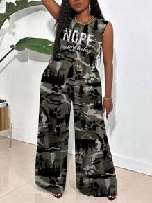Maweii Plus Size Women Casual Loose Personalized Camouflage Sleeveless Jumpsuits