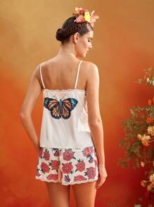 Frida Kahlo X SHEIN X Designer Oxana Floral Print Elastic Waistband Drawsting Shorts Women Summer Vacation Beach Holiday Sleepwear - Multicolor - View 2