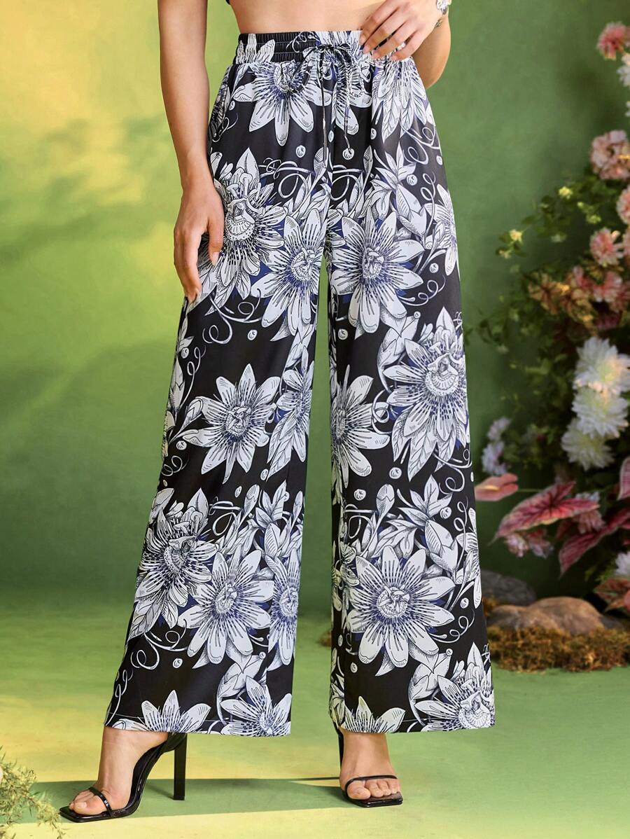 Frida Kahlo X SHEIN X Designer Oxana Black Floral Print Elastic Waistband Wide Leg Pants For Women Summer Vacation Holiday