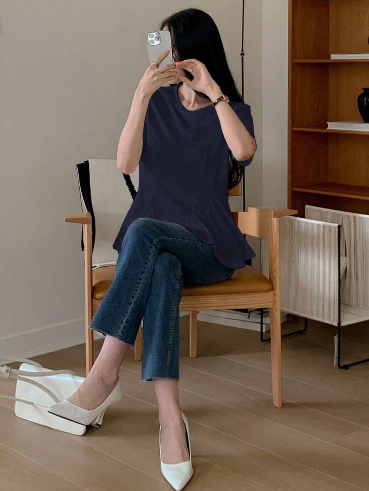 Women Loose Fit Solid Color Round Neck Casual A-Line Fish Tail Hem Short Sleeve T-Shirt For Summer,Back To School Clothes