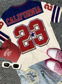 SHEIN Vintage Street Letter & Numeric Icon Print Loose Casual V-Neck Short Sleeve T-Shirt For Teen Girls, Suitable For Summer