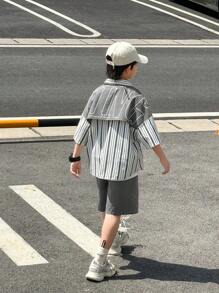 SHEIN 2-Pack Tween Boy Casual Sports College Artistic Style Retro Japanese And Korean Loose-Fitting Striped Lapel Shirt With Large Letter Pattern And Shorts Suit Suitable For Kids Outfits Toddler Boy Clothes Back To School Boys Set Suitable For Birthday Parties, Evening Parties, Performances, Weddings, Baptisms, Opening Ceremonies Daily Suitable For Daily Use Suitable For School Suitable For Travel Suitable For Sports Suitable For Spring And Summer Seasons
