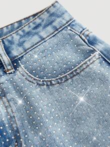 SHEIN PETITE Women's Blue Jeans BlingBling Diamond Embellished Low-Rise Wide-Leg Pants Y2K Music Festival - Light Wash - View 3
