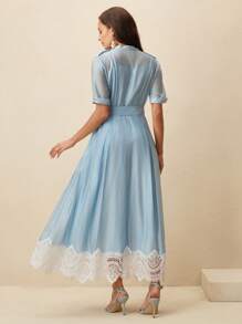 Anewsta 女式透明不对称下摆长裙，镂空短袖设计 - 藍色 - 查看 2